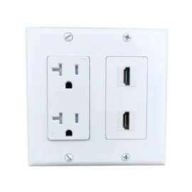 2 Gang Power Outlet with 2 HDTV Port Wall Plate - 20Amp Electrical Wall Outlet and 4K/8K HDMI Cable Keystone Jack Cover Plate for TV Mount - White