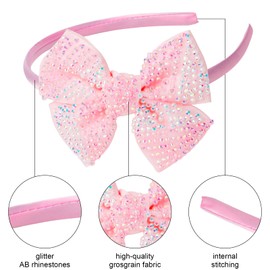 Semato Pink Rhinestones Hair Bows Plastic Hair Headbands for Girls Ribbon Headbands Hair Hoops Hair Accessories for Baby Girls Toddlers