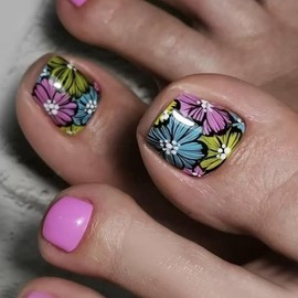 Summer Press on Toe Nails Pink Fake Toe nails with Blue Yellow Flower Designs False Toenails Square Glue on Toenails Blossoms Stick on Toe Nails Glossy Acrylic Toenails Full Cover Artificial Toenail