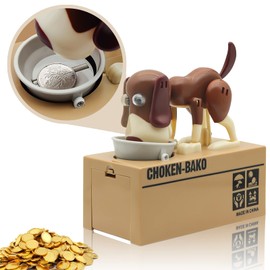 Cute Dog Piggy Bank,SAYTAY Hungry Puppy Stealing Coins Like Magic Coin Munching Money Bank Birthday Gift for Kids (Brown)