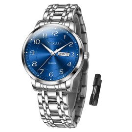 Taxau Stainless Steel Men's Watches Waterproof Watches Luxury Business Watches Multifunction Luminous Date Gift Men, 8405-silver band blue face