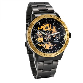 JewelryWe Mens Black Stainless Steel Watches Steampunk Automatic Mechanical Watches Gold Dial Skeleton Classic Wristwatch