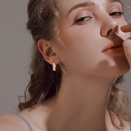 Lourny Small Hoop Earrings for Women, 18K Gold Plated Hypoallergenic Cute Enamel Huggie Earring Gifts for Women (Light Pink)