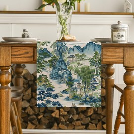 Artoid Mode Chinoiserie Vintage Style Mountain Fall Table Runner, Seasonal House Trees Kitchen Dining Table Decoration for Home Party Decor 13x108 Inch
