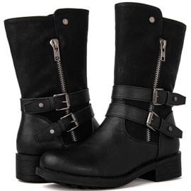 GLOBALWIN Women's Black Boots Fall Boots Fashion Buckle Strap Boots Mid Calf Boots For Women Low Heel Size 6M