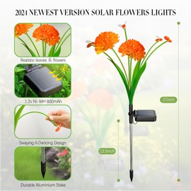 Solar Garden Lights, 4 Pack Solar Swaying Bee Lights with Flowers, Waterproof Solar Firefly Lights Outdoor for Garden Patio Yard Pathway Fall Decoration Gifts for Women Mother's Day