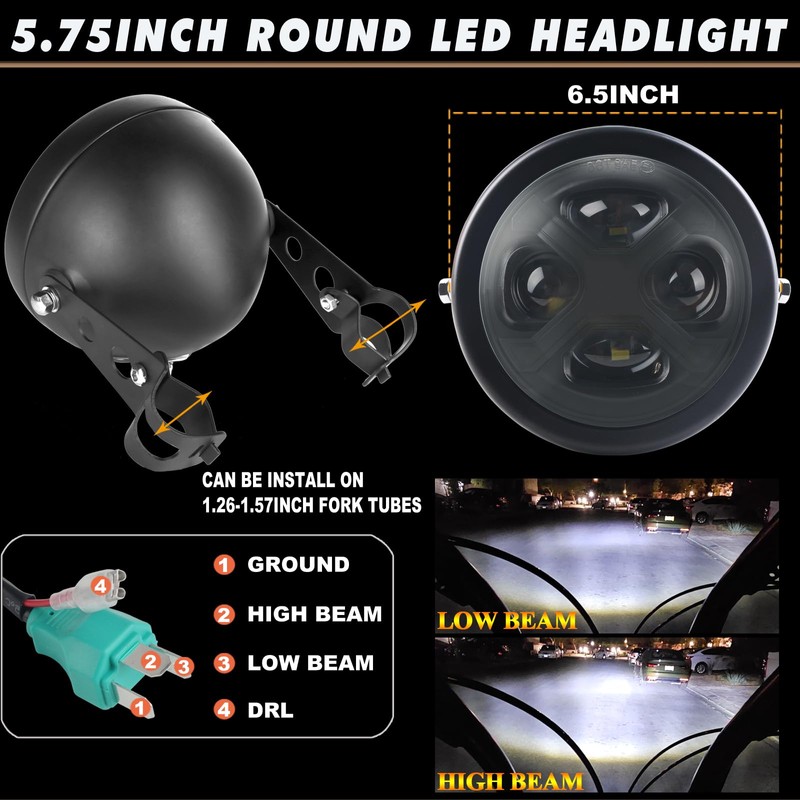 Motorcycle 5-3/4 5.75" LED Headlight with Housing Bucket Smoke X-Style