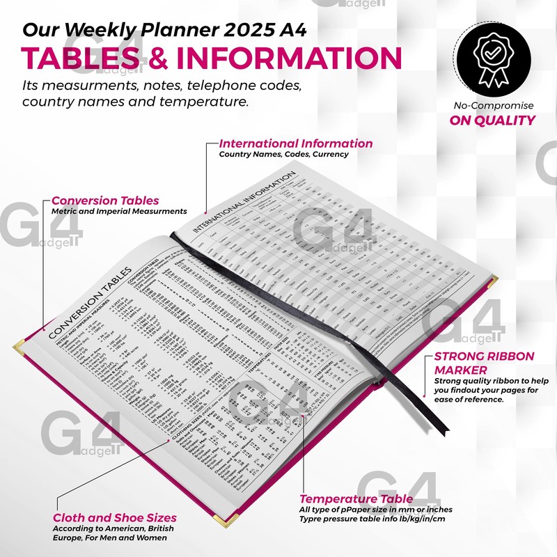 G4GADGET 2025 A4 Week To View Pink Diary Week On