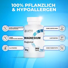 Luto Supplements Magnesiumglycinat ?C 365 Kapseln ?C 186 mg elementares Magnesium pro Tagesdosis ?C Bisglycinat/Glycinat ?C LUTO Supplements