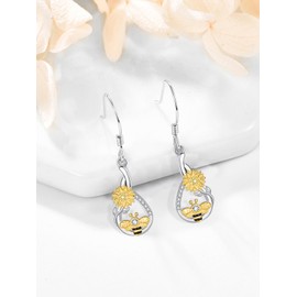 Zhi Kexin Bee Sunflower Dangle Drop Earrings for Women 925 Sterling Silver Bumble Bees Dangling Hook Earring Birthday Jewelry Mothers Day Mom Gifts for Wife