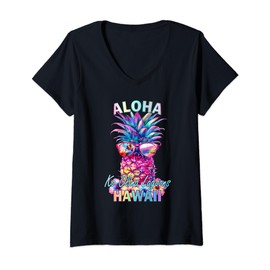 Womens Aloha Colorful Pineapple Ko Olina Lagoons Hawaii V-Neck T-Shirt