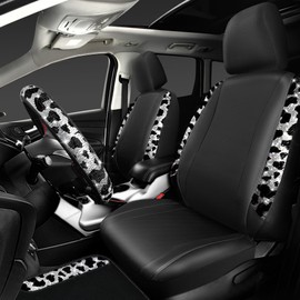 CAR PASS Leather Cow Bling Diamond Car Seat Covers Front & Rhinestone Carpet Car Floor Mats & Sparkly Steering Wheel Cover 15' Interior Sets Universal Fit for 95% Auto SUV Sedan Cute Girl Women（Cow）