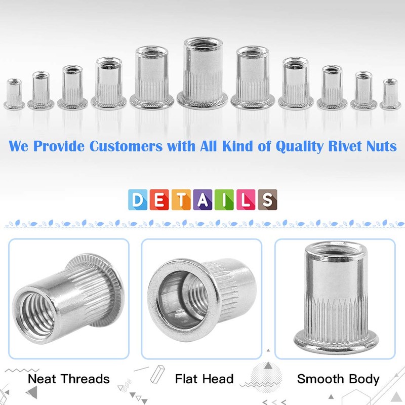Glarks 180Pcs 304 Stainless Steel Flat Head Threaded Rivetnut Insert