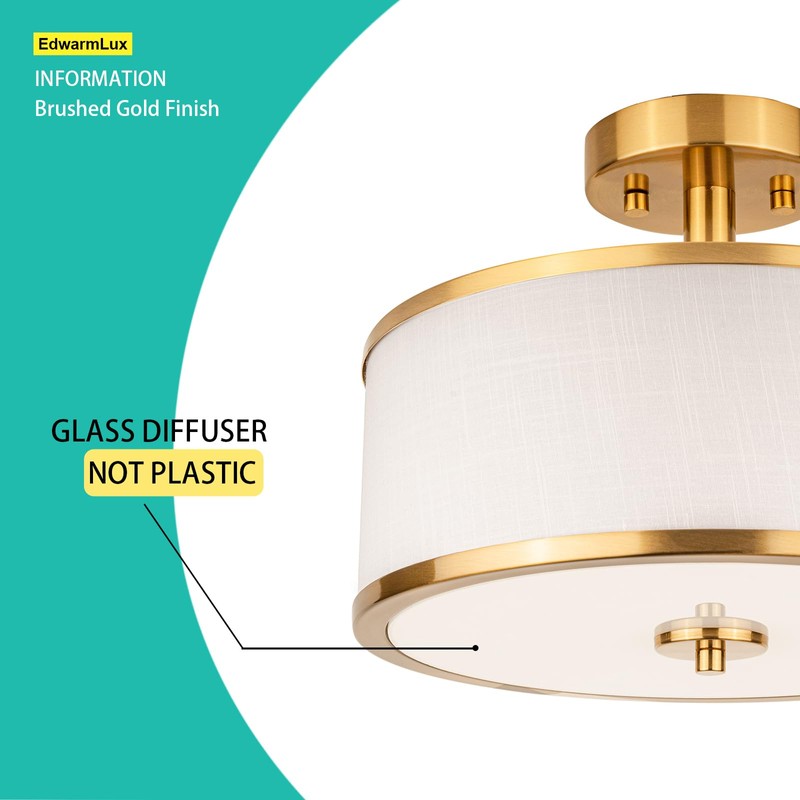 Edwarmlux 3-Light Semi Flush Mount Ceiling Light Fixture, 12.6" Gold