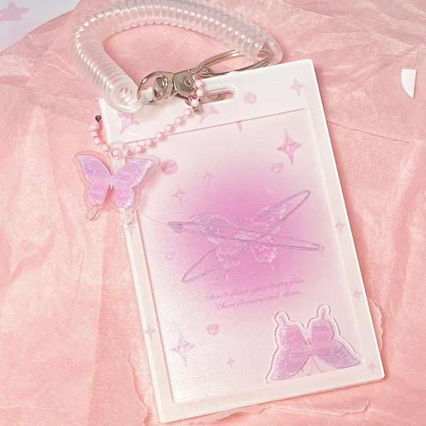 OUBFUUY Pink Butterfly Kpop Photocard Holder, Photo Card Holder with Chain Photo Sleeve Keychain Pendant PVC Cover Holder for Backpack, School Bag Decoration - E