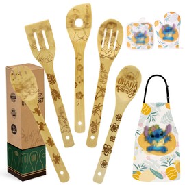 Mom Gift Set Women Christmas Gift Wooden Cooking Spoons Bamboo Kitchen Cooking Utensils Set with Apron Oven Mitt Potholder Set - Great Mothers Day Gifts Birthday Housewarming Wedding Present