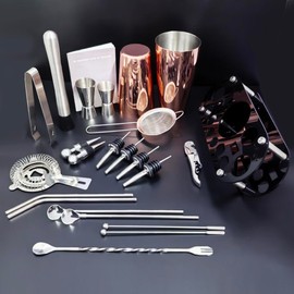 22-Piece Cocktail Shaker Set, 27/20oz Bartender Kit, Bartending Stainless Steel Bar Tools Sets for Drink Mixing, Boston Cocktail Shakers with Stand Recipes Booklet (Rose Gold-27-20oz)