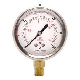 2-1/2" Oil Filled Pressure Gauge - Stainless Steel Case, Brass, 1/4" NPT, Lower Mount Connection, 0-30PSI