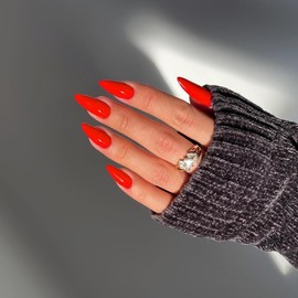 KQueenest Acrylic Press on Nails Almond Medium Length, Light Red False Nails Almond, Glossy Solid Color Stiletto Fake Nails Set, Natural Reusable Gel Stick on Nail for Women Finger Daily Wear 24 Pcs