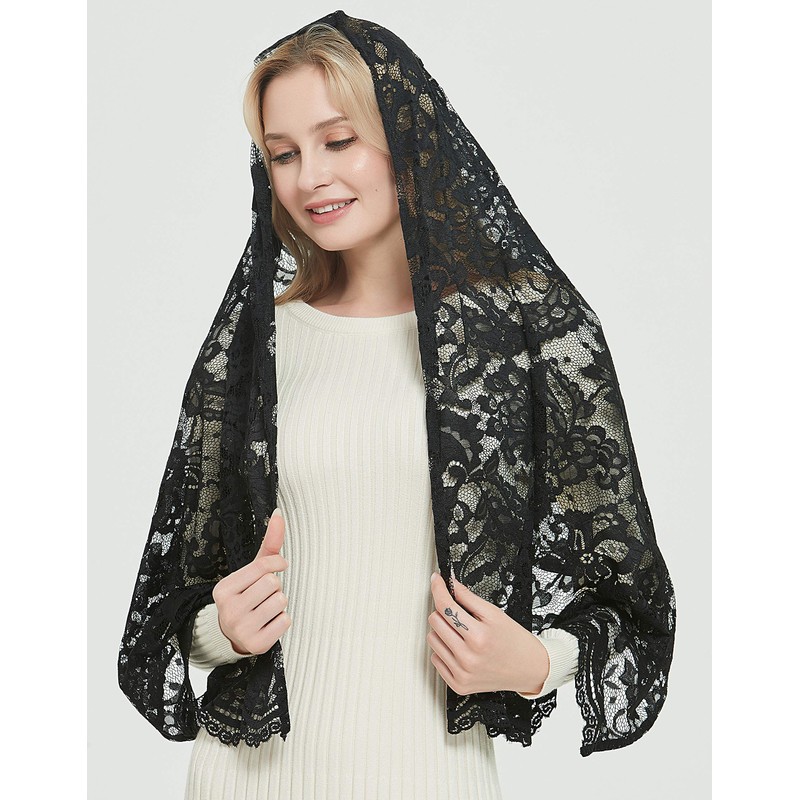 Leimandy Black Lace Shawl Rectangular Veils for Women Church Veils