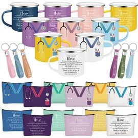Hushee 18 Pcs Nurse Appreciation Gift Set Nurse Week Gift Bulk 12 Oz Enamel Mug Stethoscope Sign Makeup Bag Silicone Keychain for Medical Staff Coworker Graduation Nursing Student (Gentle Color)