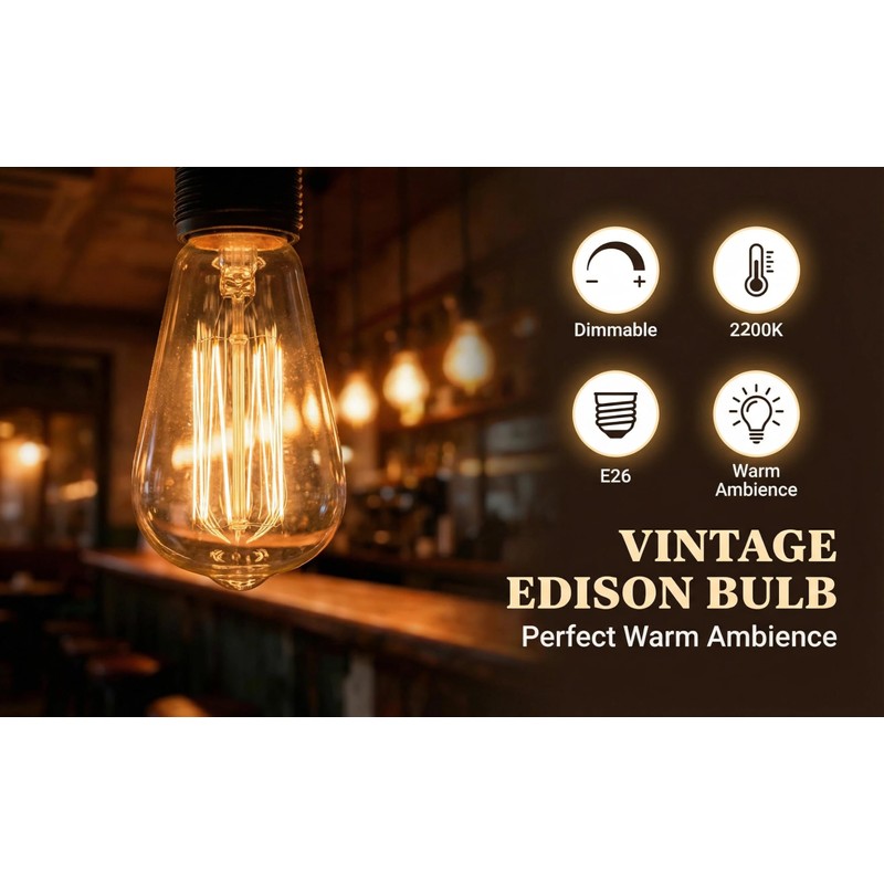 Kellarosses ST64 Incandescent Edison Bulbs 60W 6-Pack, 2200K Warm Amber
