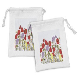 Lunarable Spring Fabric Pouch Set of 2, Wild Flowers Field Medley Poppy Chamomile Hydrangea Gypsophila Butterfly Lady Bugs, Small Drawstring Bag for Toiletries Masks and Favors, 9" x 6", Multicolor