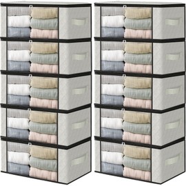 HomeHacks Storage 10-Pack Clothes Organizer Storage Bags Foldable Storage Box with Large Clear Window Sturdy Handles for Closet, Dorm, Pillows, Bedding, Clothes, Blankets, 35L, Ivory