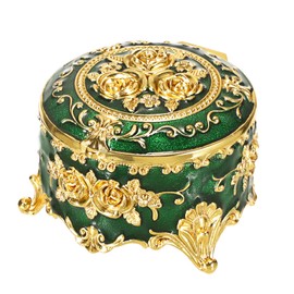 Hipiwe Vintage Jewelry Box Small Trinket Storage Organizer Box Gold Metal Chest Ring Case Treasure Chest Round Keepsake Boxes for Earrings Necklace Gift for Women,Green