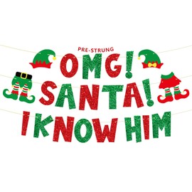 Ushinemi Pre-Strung Elf Christmas Party Decorations, NO DIY OMG Santa I Know Him Banner, Red and Green Xmas Party Supplies