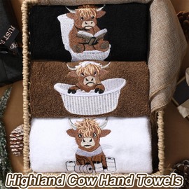 SmoothNovelty 3 Pcs Highland Cow Hand Towels for Bathroom Embroidered Bathroom Towels Farmhouse Decorative 13.78 x 29.53 Inch Absorbent Soft Cotton for Kitchen Dish Fast Drying Decor