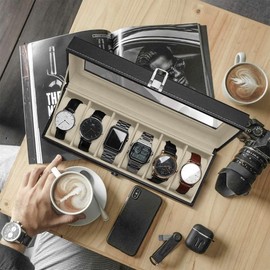 KITUL Caja Organizadora de Relojes para Hombre, Relojero, 6 Espacios Tipo Piel, Terciopelo Suave, Acolchonado Estilo Elegante Regalo Cumpleaños, Aniversario, San Valentín y Fechas Especiales.