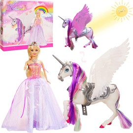 Color Change Unicorn and Fairy Tale Princess Doll, W/ Mane Brush, Girls' Unicorn Doll Toys Gifts, Presents for Girl Kids Aged 3+ (Color Changing White Unicorn)