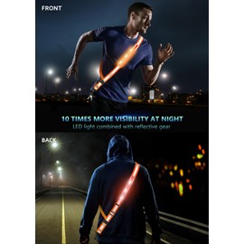 Fokia Kunbio LED Reflective Belt Sash for Walking at Night, Night Running Safety Gear High Visibility Rechargeable LED Light Up Running Belt for Runners Walkers Men Women (Orange)