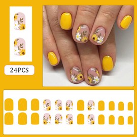 RUPOFUZA Press on Nails Square Short Yellow Fake False Nails with Lovely Sunflower Design Acrylic Artificial Extra Short Glue on Nail for Women Girls 24Pcs
