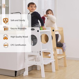 SHWWQUE Toddler Tower Step Stool for Kids Kitchen Stool Helper Toddler Standing Tower Foldable Children Table Kids Table and Chair Set Montessori Helper Tower Natural