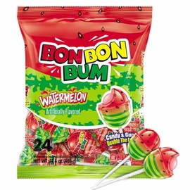 Bon Bon Bum – Fruity Lollipop with Bubble Gum center – Perfect for Parties and Sharing (24 Pieces, Sandia (Watermelon))