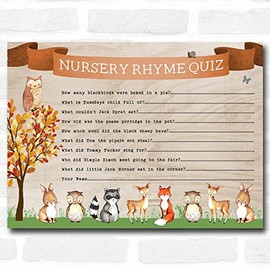 Woodland Animal Neutral Baby Shower Games Nursery Rhyme Quiz Cards
