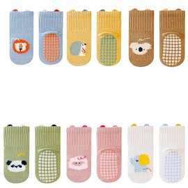 Kids Animal Printed Non-Slip Socks, 1-3 Years – Pack of 6 Pairs, Soft & Comfortable, Fun Animal Designs for Toddlers, Durable & Slip-Resistant, Machine Washable