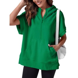 Fisoew Womens Oversized Half Zip Hoodies Short Sleeve Casual Sweatshirts Pullover Tops with Pockets Green