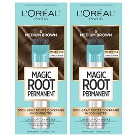 L'Oreal Paris Magic Root Rescue - Kit de coloración de cabello de raíz de 10 minutos, color permanente para el cabello con aplicador de precisión rápida, cobertura 100% de gris, 5 marrón medio, 2 unidades