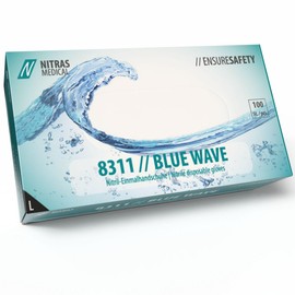 Nitras 8311 Blue Wave Non-Sterile, Medical, Food-Safe Nitrile Disposable Gloves, Powder-Free & Latex-Free, Pack of 100 in Dispenser Box, Size L