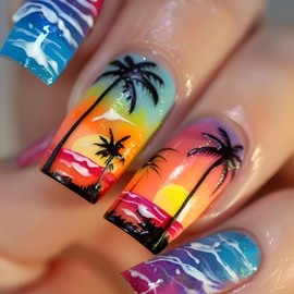 Square Press on Nails Medium Fake Nails with Designs Coconut Tree Glue on Nails Blue Red Gradient False Nails Twilight Seaside Acrylic Nails Glossy Stick on Nails for Women Girls 24Pcs