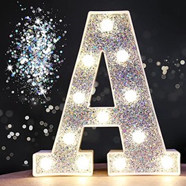 Pooqla Light Up Letters, LED Marquee Letter Lights, Glitter Alphabet Letter Sign Battery Powered Night Light Girls Gifts Birthday Wedding Home Bar Christmas Party Decoration, Shiny Silver Letter A