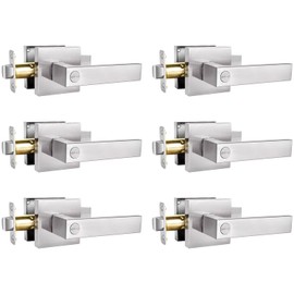6 Pack Square Door Lever Privacy Door Lock Handleset, Keyless Lockset Door Knobs Interior Door Knobs Storage Room Bathroom Set Reversible Keyless Flat Levers in Satin Nickel