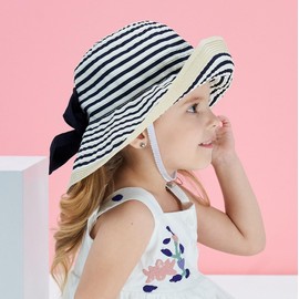 Home Prefer Baby Toddlers Beach Sun Hat Rollable Brim Bowknot Stripe UV Sun Protection Hat for Girls Paper Straw Bucket Hat (US, Age, 14 Years, 18 Years, Navy Blue)