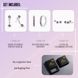 Silver Purple Earrings for Women, Deep Purple Amethyst February Birthstone Earrings Jewelry Gifts, Hypoallergenic Jacket Stud Huggie Hoop Stack for Multiple Piercing