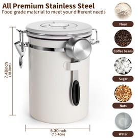 Esilihom Airtight Coffee Bean Storage, 1800ML Coffee Container, Stainless Steel Coffee Canister with Measuring Scoop, Date Tracker & 6 CO2 valve, White
