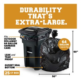 Plasticplace 64-65 Gallon Trash Can Liners for Toter │ 3.0 Mil │ Black Heavy Duty Garbage Bags │ 50” x 60” (25 Count),W65LDBTL3
