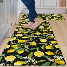 MAYHMYO Cushioned Anti Fatigue Kitchen Rug Sets 2 Piece Non Slip Kitchen Mats for Floor,Black Lemon Waterproof Ergonomic Comfort Foam Rugs for Home,Kitchen,Office,Sink,Laundry
